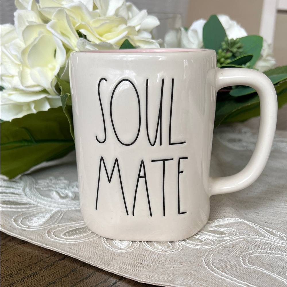 Rae Dunn Soul Mate Mug - Cream with Black Lettering and Pink Interior